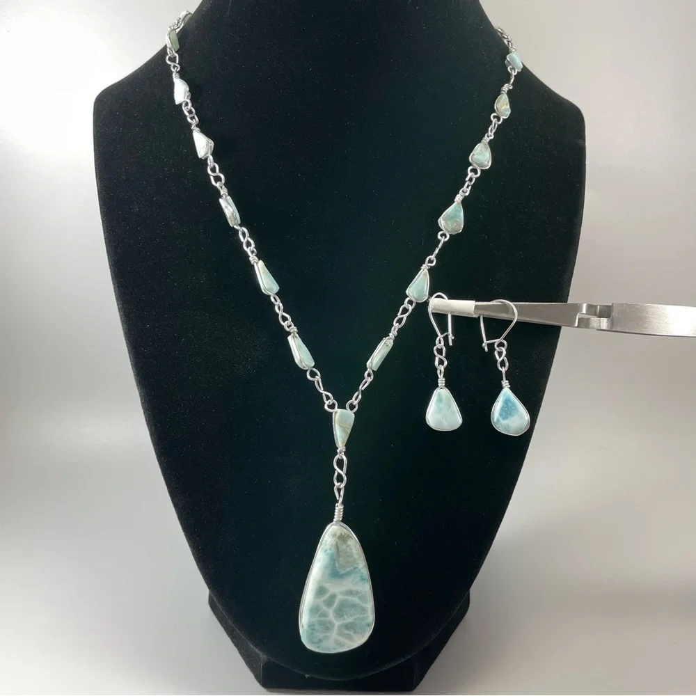 Unmarked Sterling Silver Blue Larimar Stone Pendant Necklace Earring Set